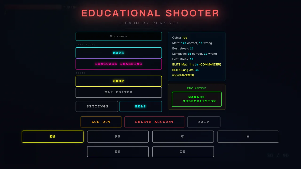 EduShooter main menu showing player stats and six language buttons.