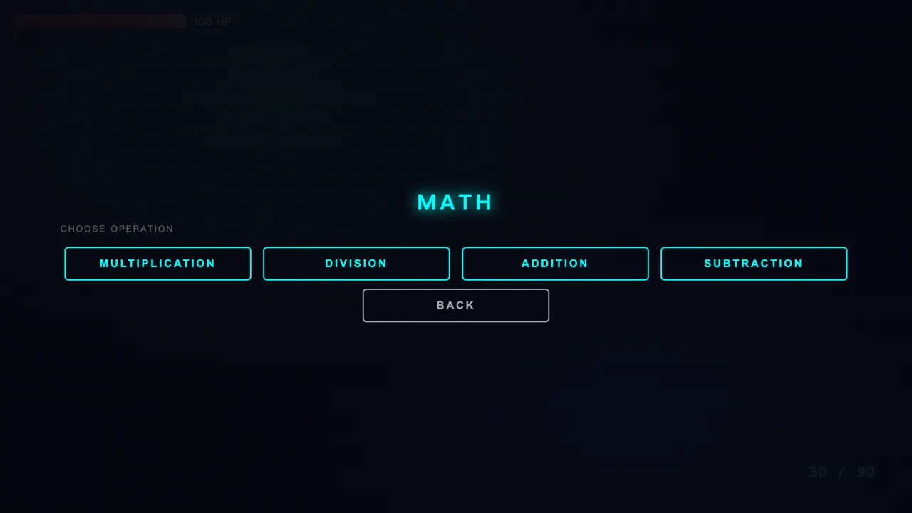 Math setup screen for choosing an operation and difficulty level.