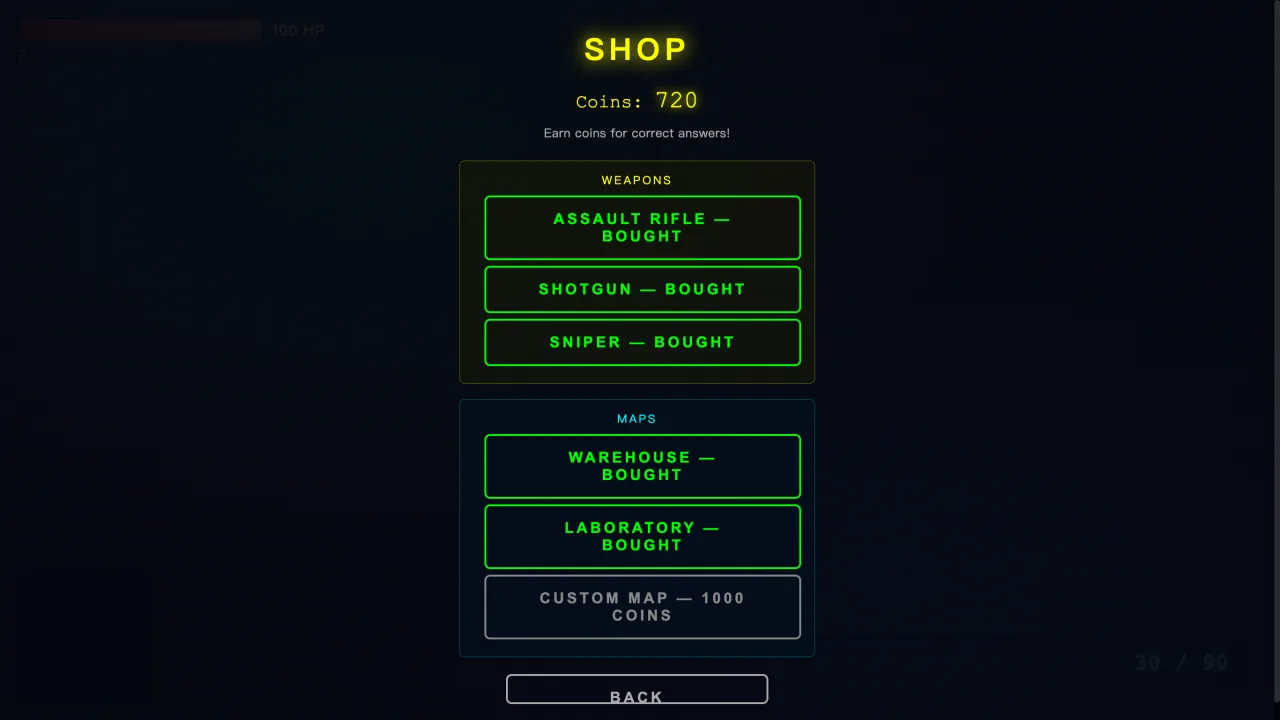 In-game shop with coin balance and weapon upgrades.