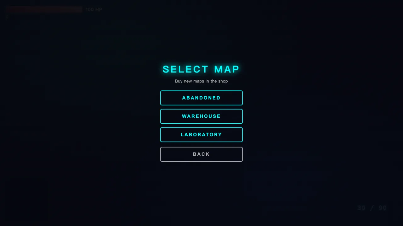 Map selection: default, warehouse, lab, and custom maps.