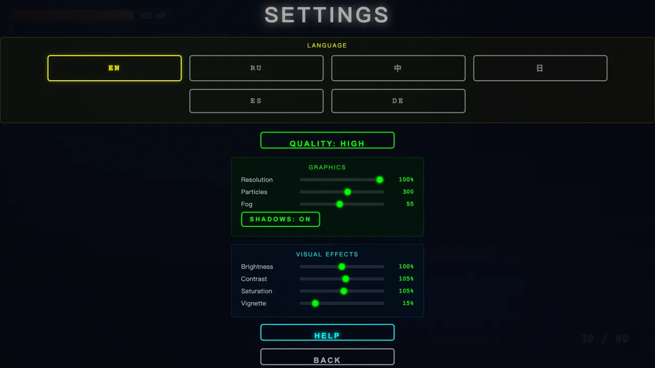 Graphics settings with quality presets, sliders, and six languages.