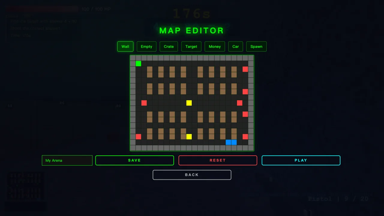 Map editor with tools for walls, crates, targets, money, a car, and spawns.