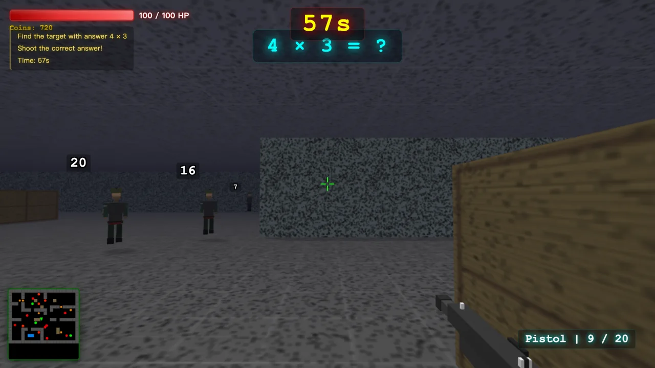 Math gameplay: a 9×2 question with floating answer targets and the in-game HUD.
